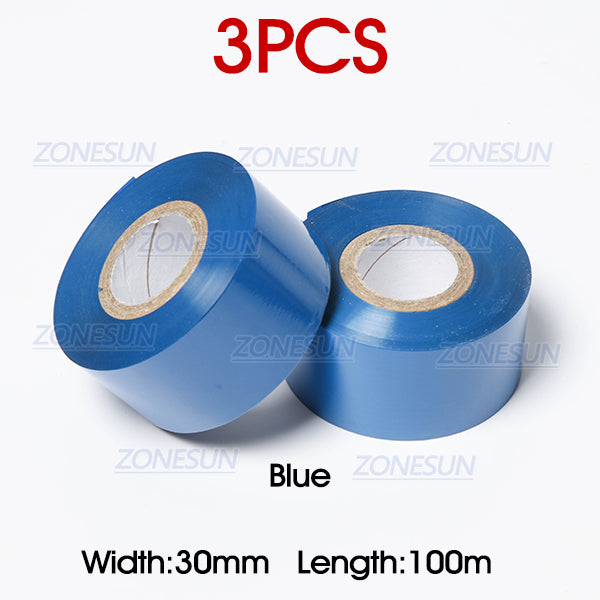 ZONEPACK 30mm*100m thermal ribbon date printing ribbon for DY-8, HP241B - 3 pcs Blue