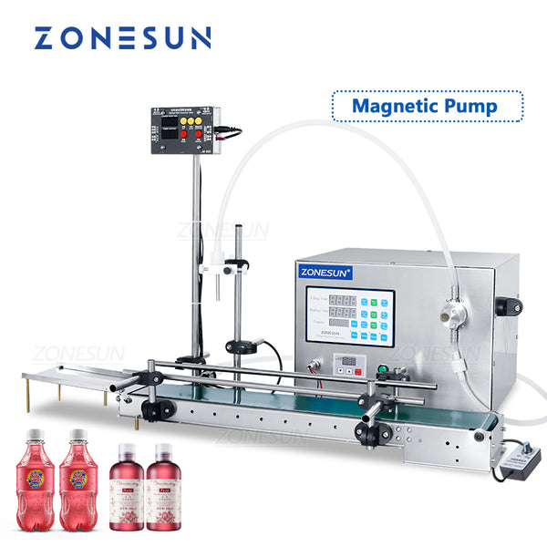 ZONESUN Magnetic Pump Automatic Liquid Filling Machine With Conveyor Belt ZS-DTMP1S