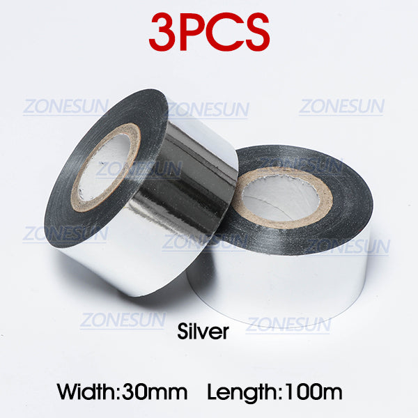 ZONEPACK 30mm*100m thermal ribbon date printing ribbon for DY-8, HP241B - 3 pcs Sliver