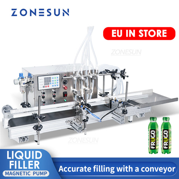 ZONESUN 4 Nozzles Automatic Bottle filling machine CNC Filler With Conveyor Corrosive Alcohol Eye Drop Syrup Cosmetic Liquid