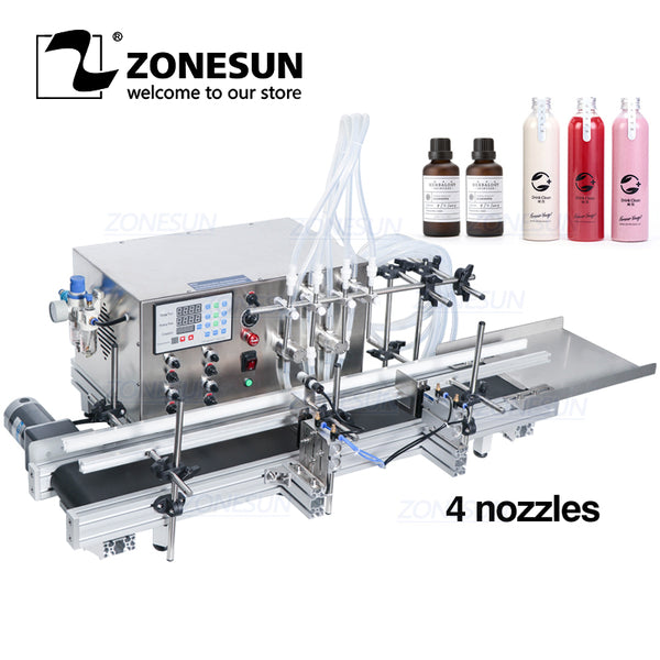 ZONESUN 4 Nozzles Automatic Bottle filling machine CNC Filler With Conveyor Corrosive Alcohol Eye Drop Syrup Cosmetic Liquid