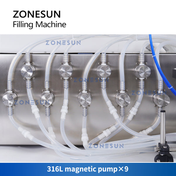 ZONESUN ZS-YTMP9C Auto Lifting Liquid Filling Machine 9 Heads Magnetic Pump Pneumatic Filler Drinks Beverage Production