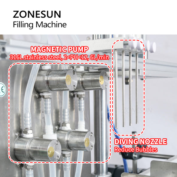 ZONESUN ZS-DTMP4AL 4 Diving Nozzles Automatic Liquid Filling Machine With Chain Conveyor Belt Magnetic Pump