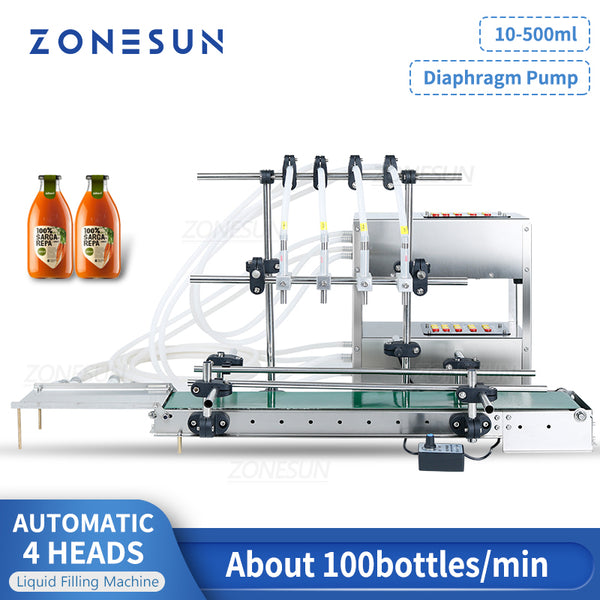 ZONESUN ZS-DTDP4G Automatic Diigtal Control Liquid Filling Machine 4 Heads Diaphragm Pump Bottle Liquid Water Juice Filler