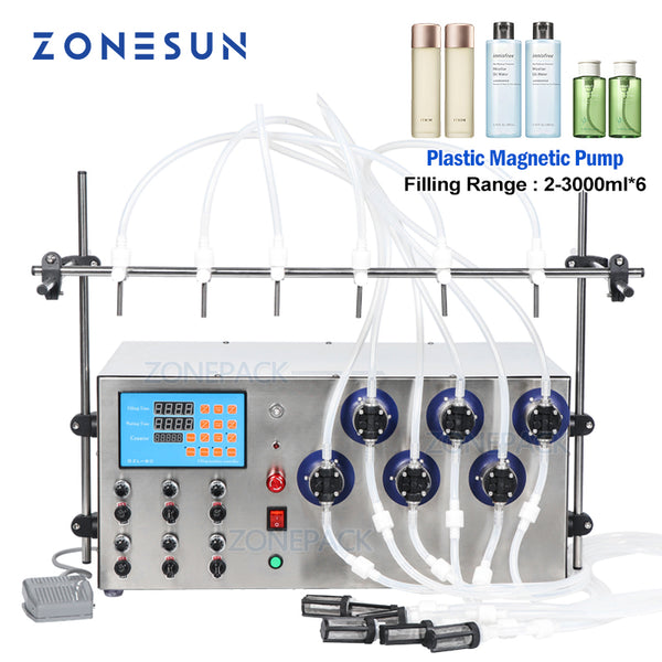 ZONEPACK 6 Heads Magnetic Pump Beverage Perfume Water Juice Essential Oil Electric Digital Liquid Bottle Filling Machine