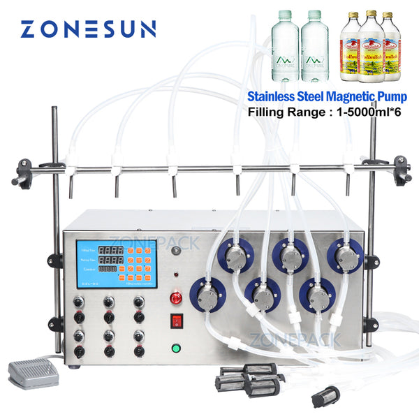 ZONEPACK  Six Heads 316 Stainless Steel Magnetic Pump Beverage Perfume Water Juice Essential Oil Electric Digital Liquid Bottle Filling Machine