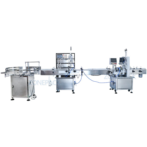 ZONEPACK Production Line for Juice Milk Small Automatic Bottle Alcohol Hydrogen Peroxide Liquid Turntable Capping Filling Machine