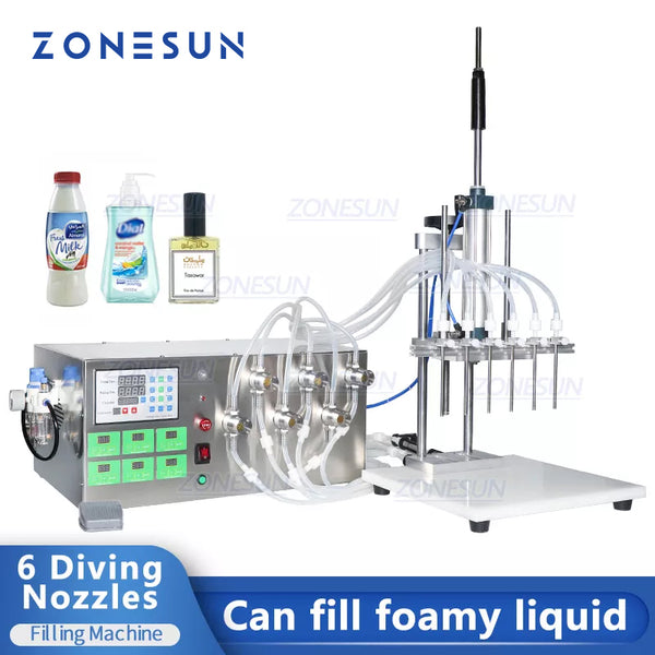 ZONEPACK ZS-MP5500D Semi-Automatic Water Filling Machine 6 Nozzles Essential Oil Perfume Cosmetic Liquid Magnetic Pump Filler